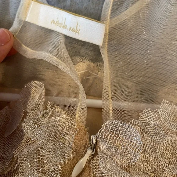 Mischka Aoki Elegant Beige Kids Dress with Floral Lace